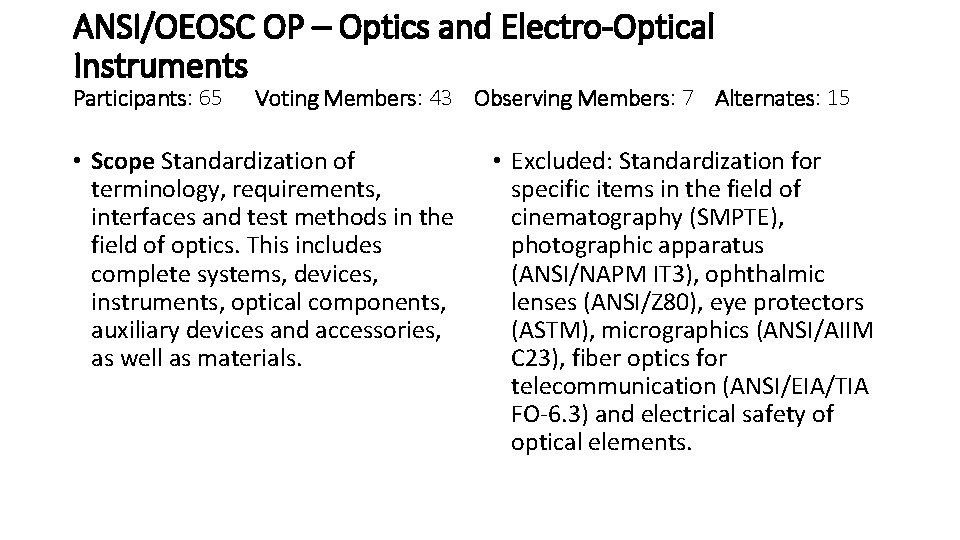 ANSI/OEOSC OP – Optics and Electro-Optical Instruments Participants: 65 Voting Members: 43 Observing Members: