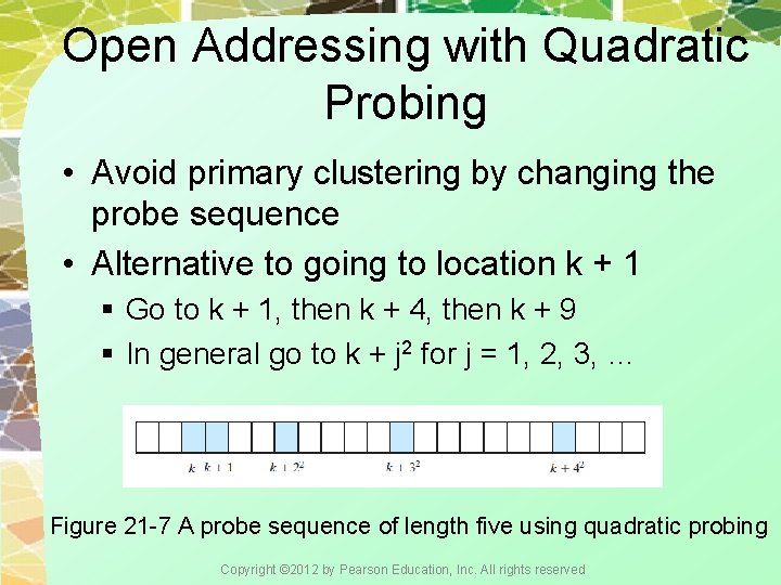 Open Addressing with Quadratic Probing • Avoid primary clustering by changing the probe sequence