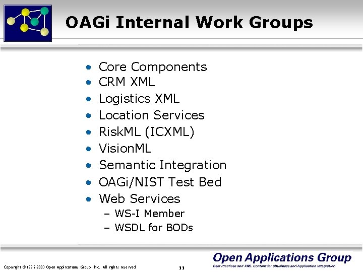OAGi Internal Work Groups • • • Core Components CRM XML Logistics XML Location