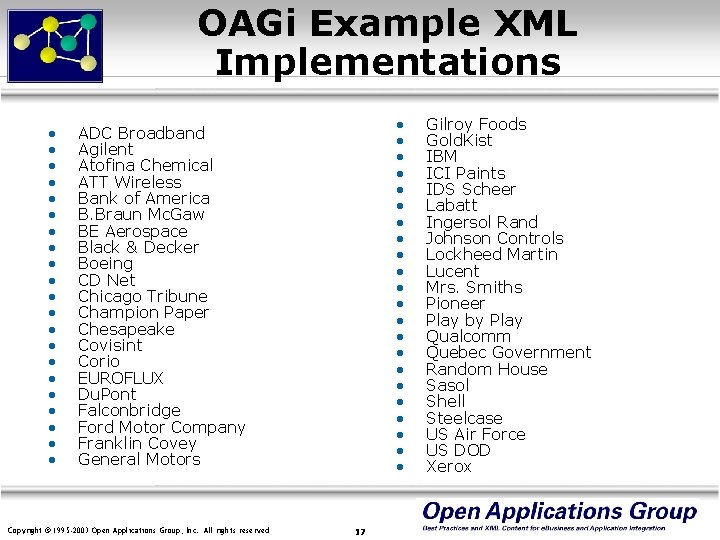 OAGi Example XML Implementations • • • • • • • • • •