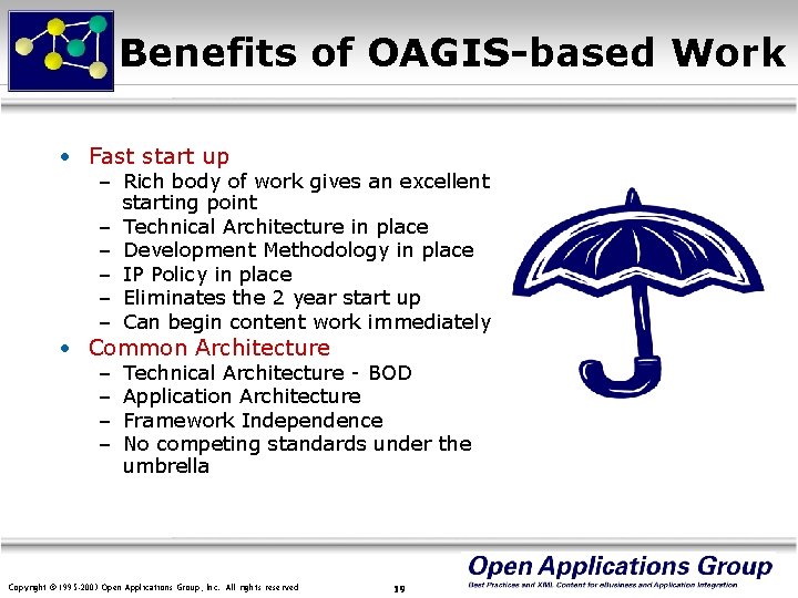 Benefits of OAGIS-based Work • Fast start up – Rich body of work gives