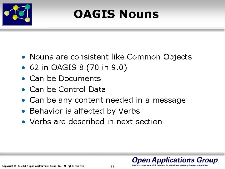 OAGIS Nouns • • Nouns are consistent like Common Objects 62 in OAGIS 8