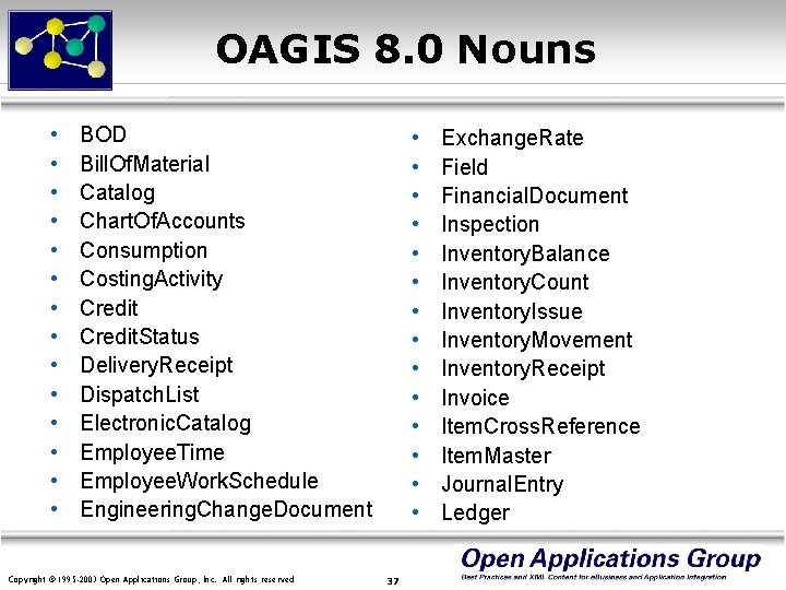 OAGIS 8. 0 Nouns • • • • BOD Bill. Of. Material Catalog Chart.