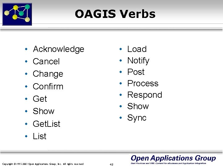 OAGIS Verbs • • • • Acknowledge Cancel Change Confirm Get Show Get. List