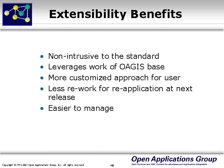 Extensibility Benefits • • Non-intrusive to the standard Leverages work of OAGIS base More