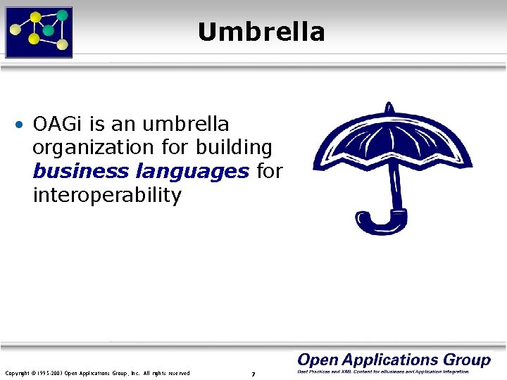 Umbrella • OAGi is an umbrella organization for building business languages for interoperability Copyright