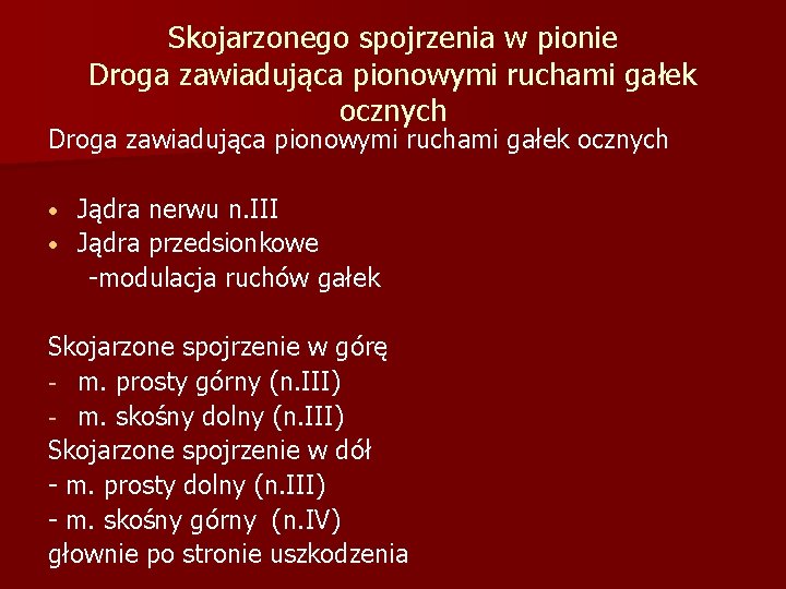 Skojarzonego spojrzenia w pionie Droga zawiadująca pionowymi ruchami gałek ocznych Jądra nerwu n. III