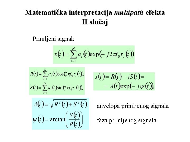 Matematička interpretacija multipath efekta II slučaj Primljeni signal: anvelopa primljenog signala faza primljenog signala