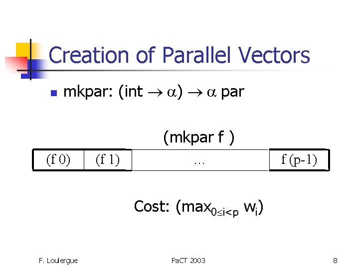 Creation of Parallel Vectors n mkpar: (int ) par (mkpar f ) (f 0)