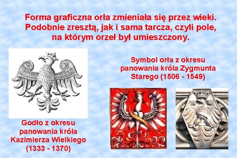 Forma graficzna orła zmieniała się przez wieki. Podobnie zresztą, jak i sama tarcza, czyli