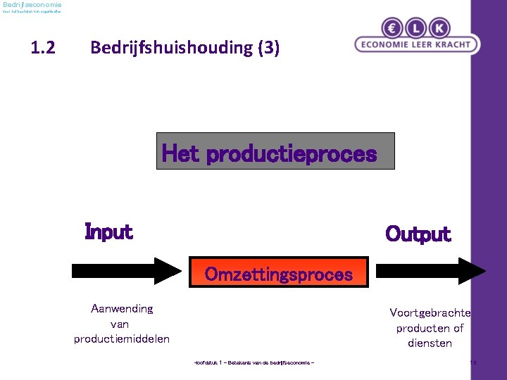 Bedrijfseconomie voor het besturen van organisaties 1. 2 Bedrijfshuishouding (3) Het productieproces Input Output