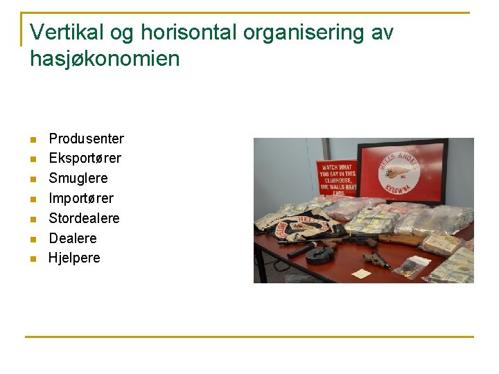 Vertikal og horisontal organisering av hasjøkonomien n n n Produsenter Eksportører Smuglere Importører Stordealere Vertikal og horisontal organisering av hasjøkonomien n n n Produsenter Eksportører Smuglere Importører Stordealere