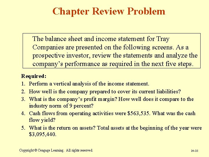 Chapter Review Problem The balance sheet and income statement for Tray Companies are presented