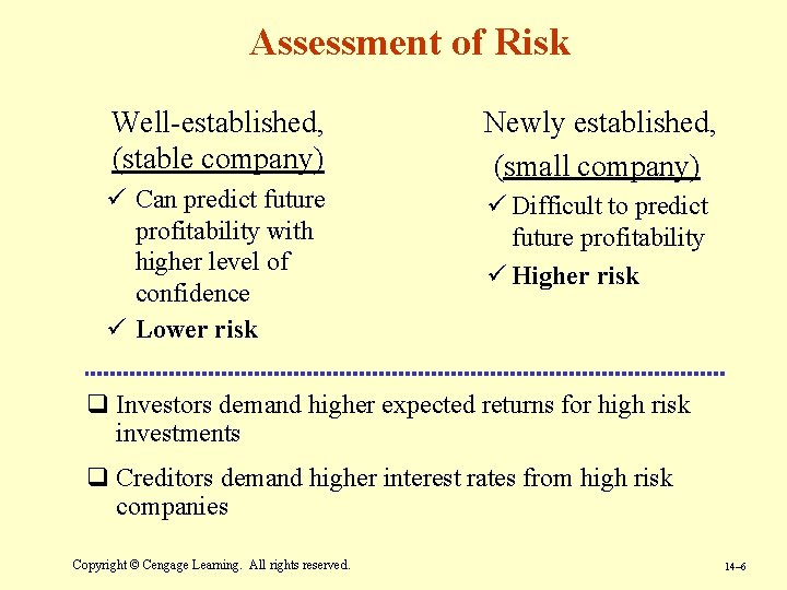 Assessment of Risk Well-established, (stable company) Newly established, (small company) ü Can predict future
