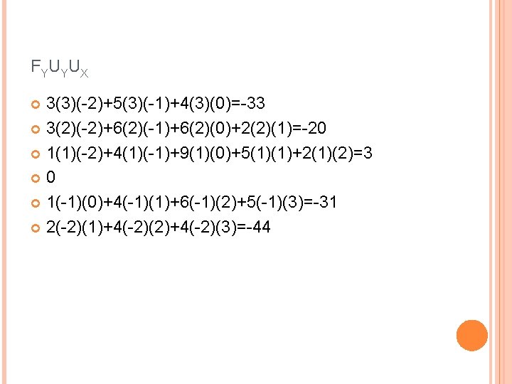 F Y UY UX 3(3)(-2)+5(3)(-1)+4(3)(0)=-33 3(2)(-2)+6(2)(-1)+6(2)(0)+2(2)(1)=-20 1(1)(-2)+4(1)(-1)+9(1)(0)+5(1)(1)+2(1)(2)=3 0 1(-1)(0)+4(-1)(1)+6(-1)(2)+5(-1)(3)=-31 2(-2)(1)+4(-2)(2)+4(-2)(3)=-44 