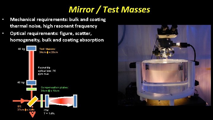 Mirror / Test Masses • • Mechanical requirements: bulk and coating thermal noise, high