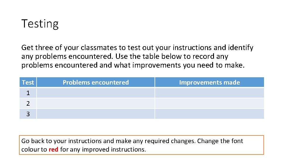 Testing Get three of your classmates to test out your instructions and identify any Testing Get three of your classmates to test out your instructions and identify any