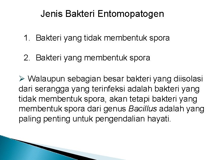 Jenis Bakteri Entomopatogen 1. Bakteri yang tidak membentuk spora 2. Bakteri yang membentuk spora