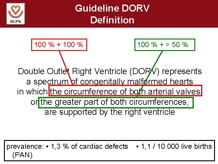 Guideline DORV Definition 100 % + > 50 % Double Outlet Right Ventricle (DORV)