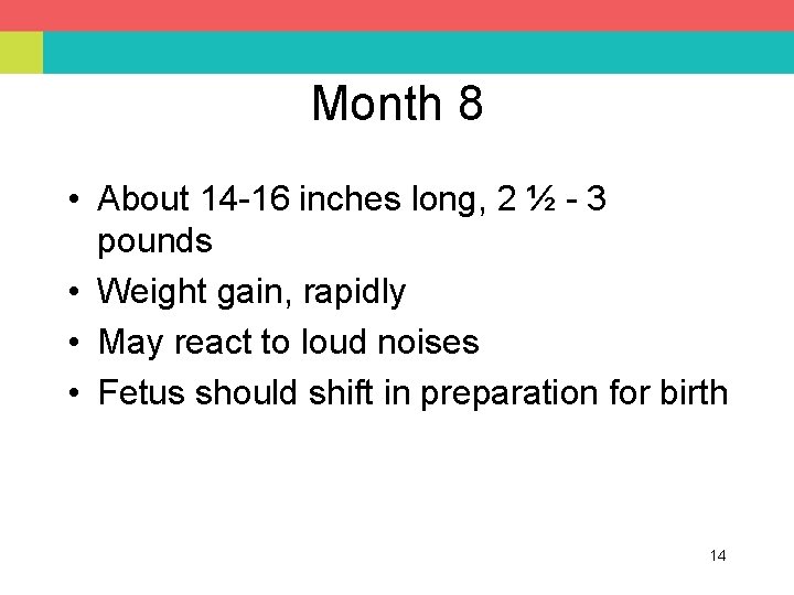 Month 8 • About 14 -16 inches long, 2 ½ - 3 pounds •