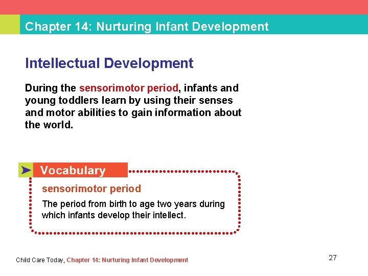 Chapter 14: Nurturing Infant Development Intellectual Development During the sensorimotor period, infants and young