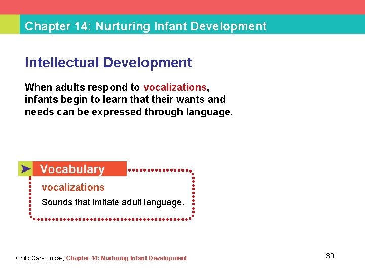 Chapter 14: Nurturing Infant Development Intellectual Development When adults respond to vocalizations, infants begin