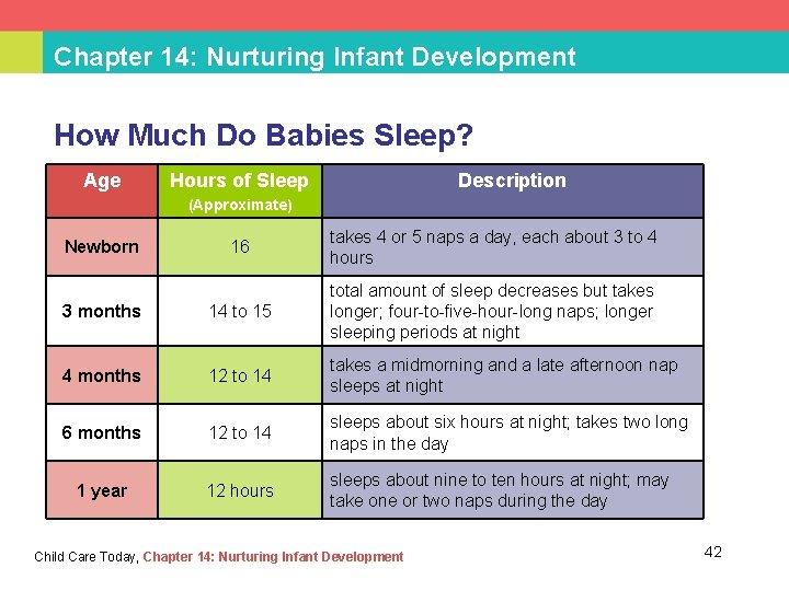 Chapter 14: Nurturing Infant Development How Much Do Babies Sleep? Age Hours of Sleep