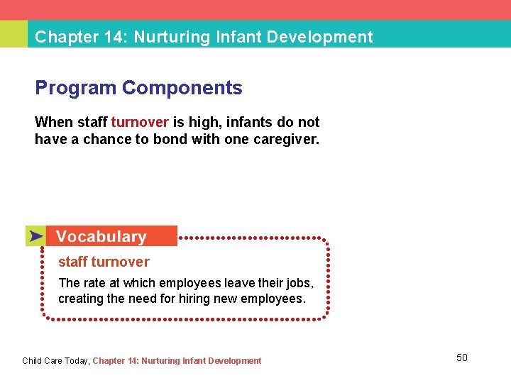 Chapter 14: Nurturing Infant Development Program Components When staff turnover is high, infants do