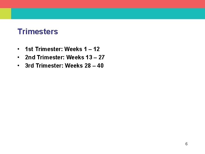 Trimesters • 1 st Trimester: Weeks 1 – 12 • 2 nd Trimester: Weeks