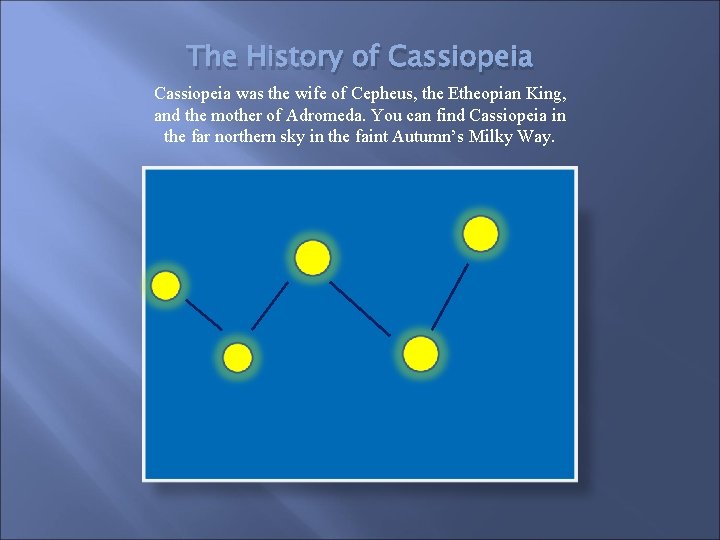 The History of Cassiopeia was the wife of Cepheus, the Etheopian King, and the