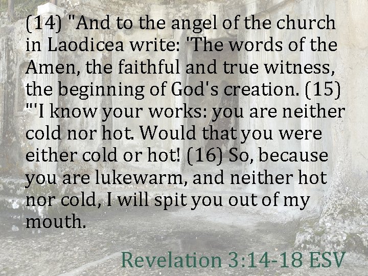 (14) "And to the angel of the church in Laodicea write: 'The words of