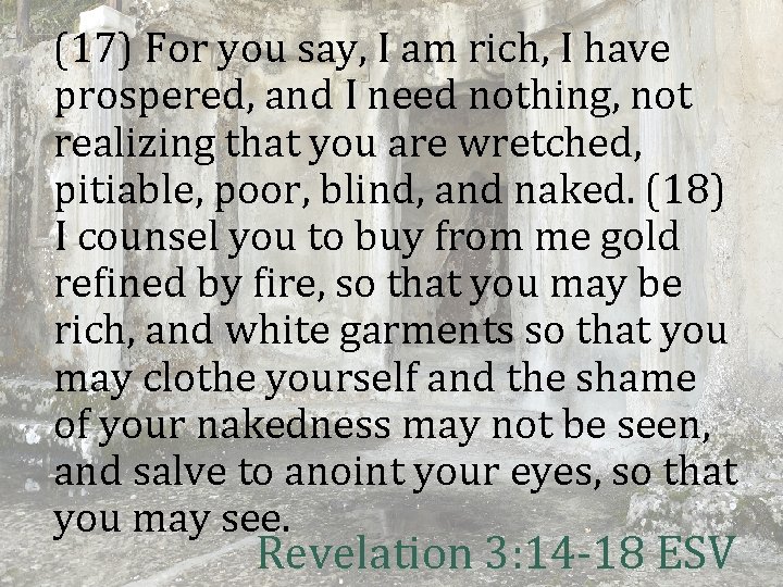 (17) For you say, I am rich, I have prospered, and I need nothing,