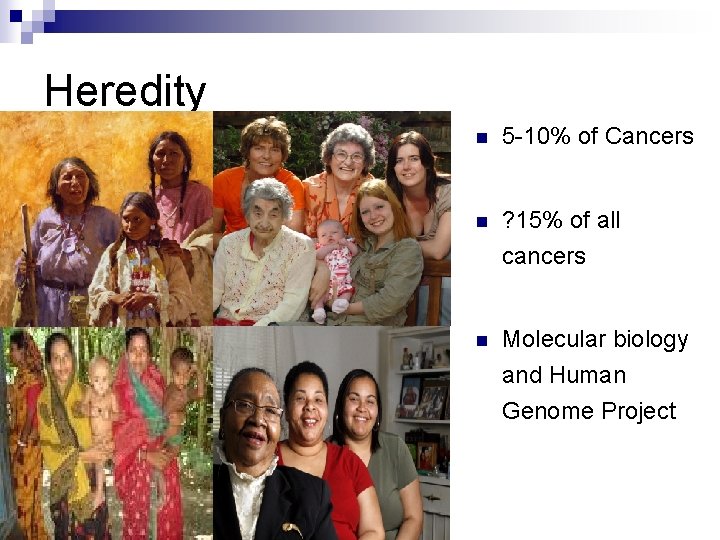 Heredity n 5 -10% of Cancers n ? 15% of all cancers n Molecular