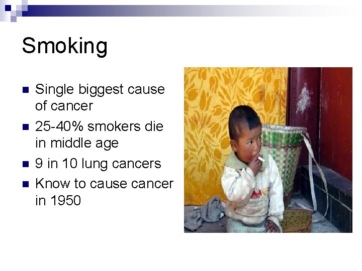 Smoking n n Single biggest cause of cancer 25 -40% smokers die in middle