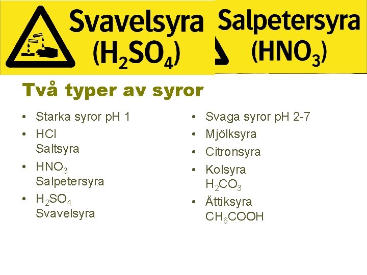Två typer av syror • Starka syror p. H 1 • HCl Saltsyra •