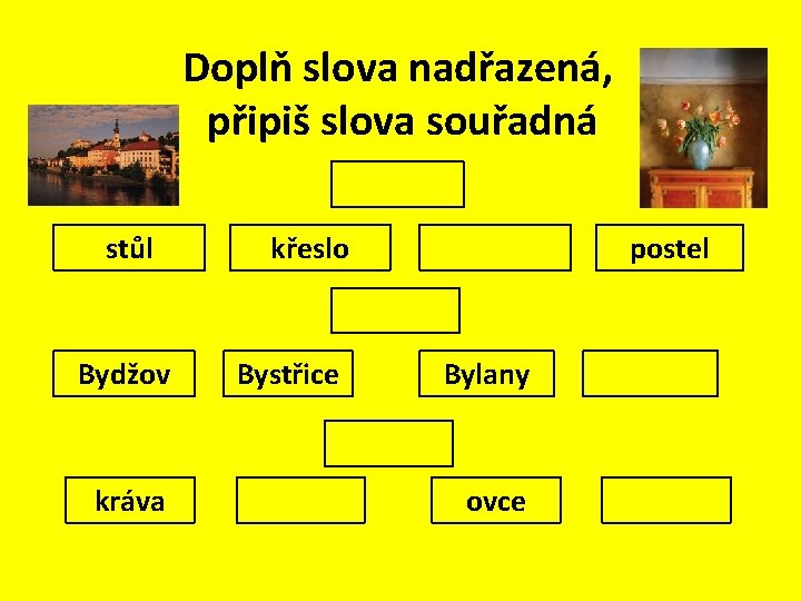 Doplň slova nadřazená, připiš slova souřadná stůl Bydžov kráva křeslo Bystřice postel Bylany ovce