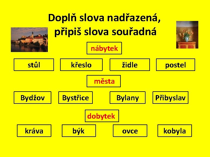 Doplň slova nadřazená, připiš slova souřadná nábytek stůl křeslo židle postel Bylany Přibyslav ovce