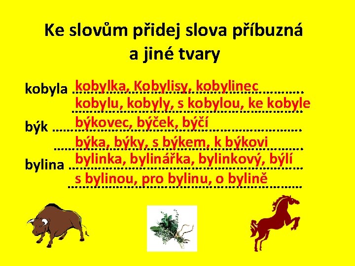 Ke slovům přidej slova příbuzná a jiné tvary kobylka, Kobylisy, kobylinec kobyla …………………………. .