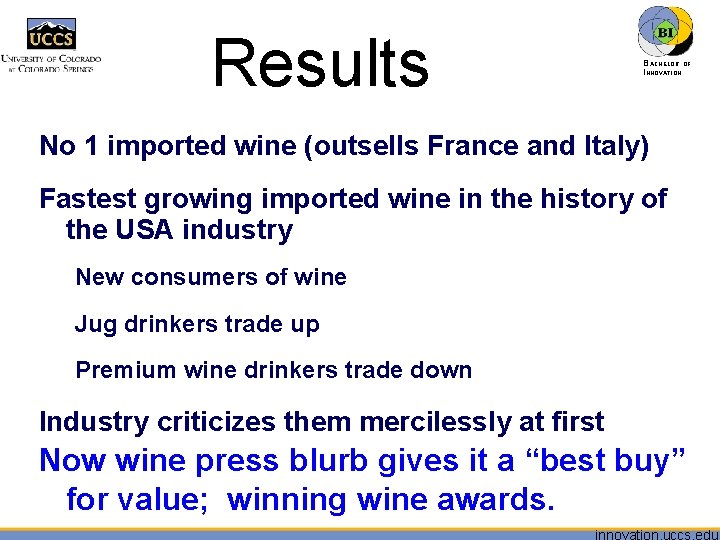 Results BACHELOR OF INNOVATION™ No 1 imported wine (outsells France and Italy) Fastest growing