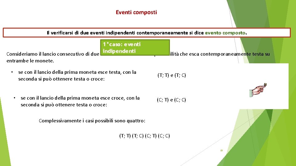 Eventi composti Il verificarsi di due eventi indipendenti contemporaneamente si dice evento composto. 1°caso: