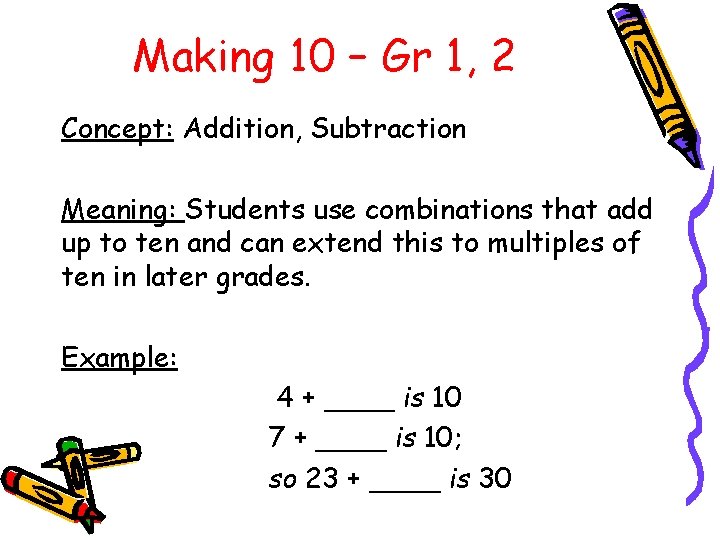 Making 10 – Gr 1, 2 Concept: Addition, Subtraction Meaning: Students use combinations that