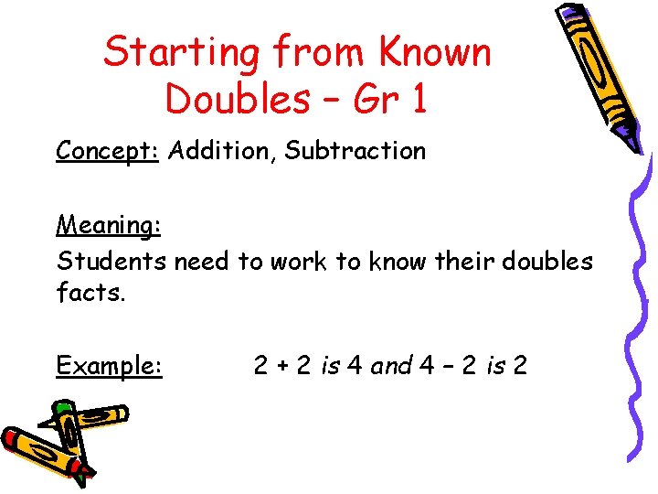 Starting from Known Doubles – Gr 1 Concept: Addition, Subtraction Meaning: Students need to