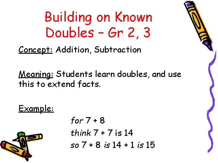 Building on Known Doubles – Gr 2, 3 Concept: Addition, Subtraction Meaning: Students learn
