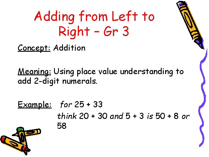 Adding from Left to Right – Gr 3 Concept: Addition Meaning: Using place value