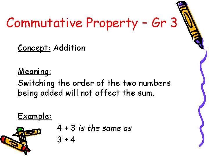 Commutative Property – Gr 3 Concept: Addition Meaning: Switching the order of the two