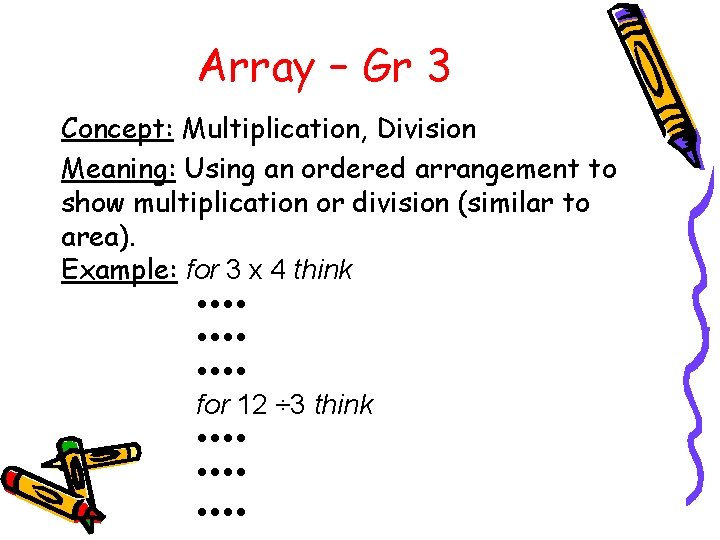 Array – Gr 3 Concept: Multiplication, Division Meaning: Using an ordered arrangement to show