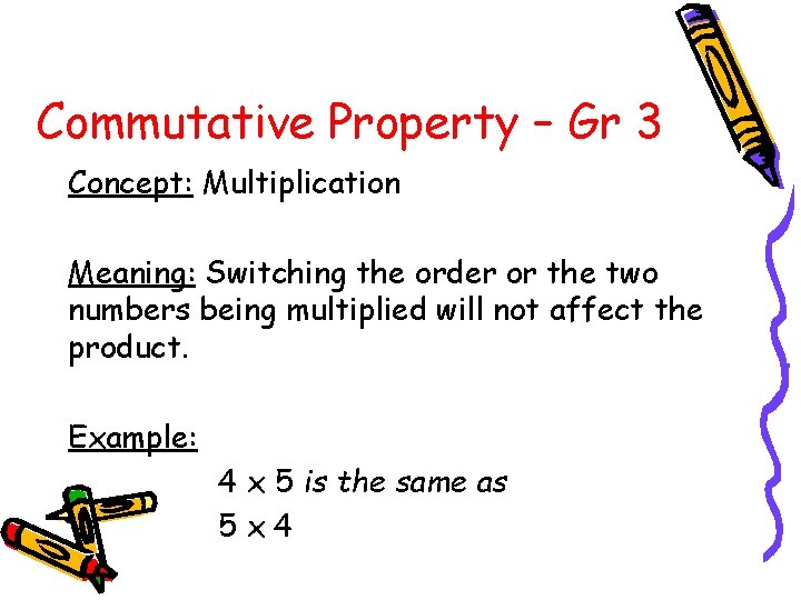Commutative Property – Gr 3 Concept: Multiplication Meaning: Switching the order or the two