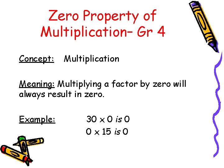 Zero Property of Multiplication– Gr 4 Concept: Multiplication Meaning: Multiplying a factor by zero