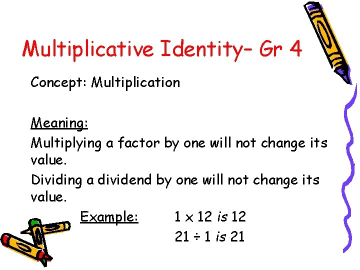 Multiplicative Identity– Gr 4 Concept: Multiplication Meaning: Multiplying a factor by one will not