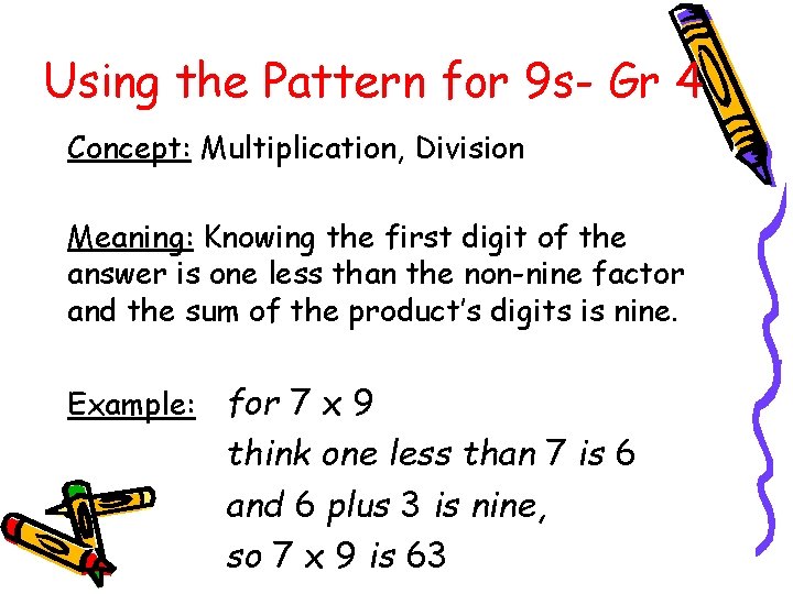 Using the Pattern for 9 s- Gr 4 Concept: Multiplication, Division Meaning: Knowing the